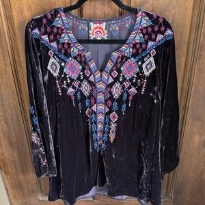 Johnny Was Dark Purple Velvet Blouse with Multicolor Embroidery